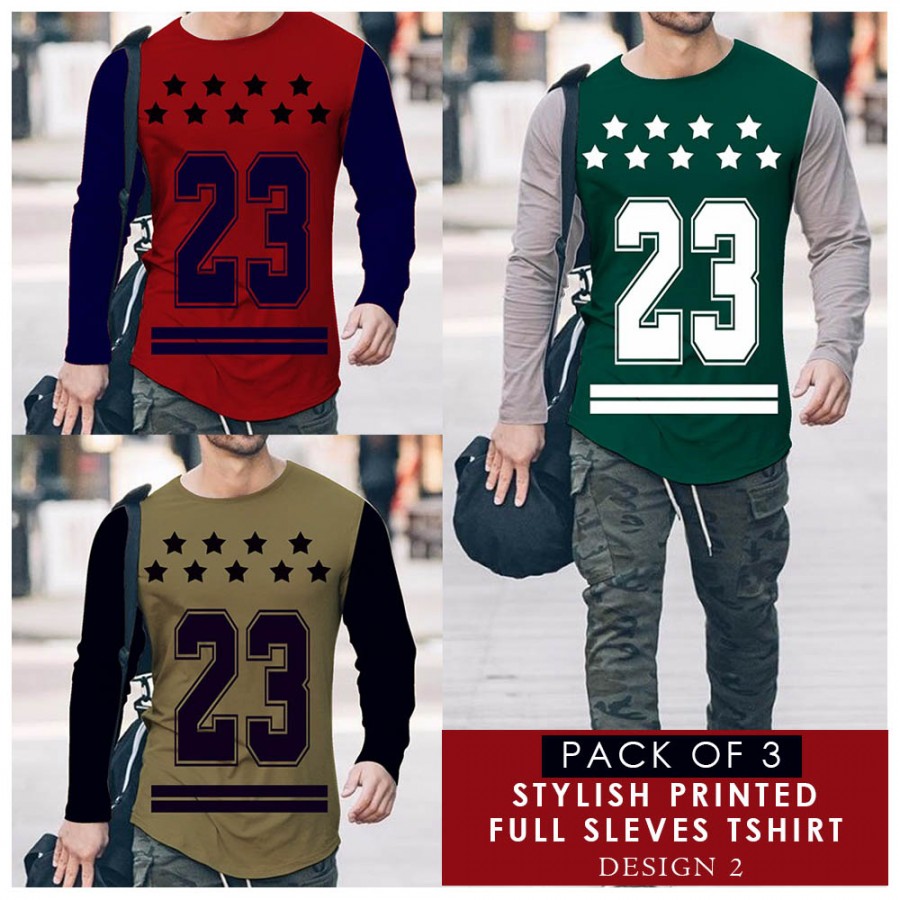 Pack Of 3 Stylish Printed Full Sleves T-shirt Design 2